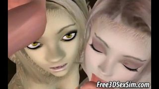 Two sexy 3D werewolf hotties sucking on a hard cock