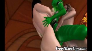 3D cartoon green alien getting double teamed
