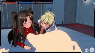 Anime girls Rin Tohsaka and Saber threesome