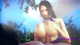 One Piece Hentai 3D – Boa Hancock rubbing tits, boobjob and cowgirl in the garden