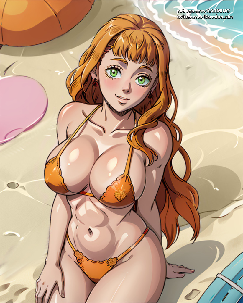 1girl 1girl ai_art ai_generated anime anime_style beach big_ass big_breasts bikini black_clover green_eyes happy happy_female hentai mimosa_vermillion orange_bikini orange_hair outside sexy_body viewed_from_above white_skin