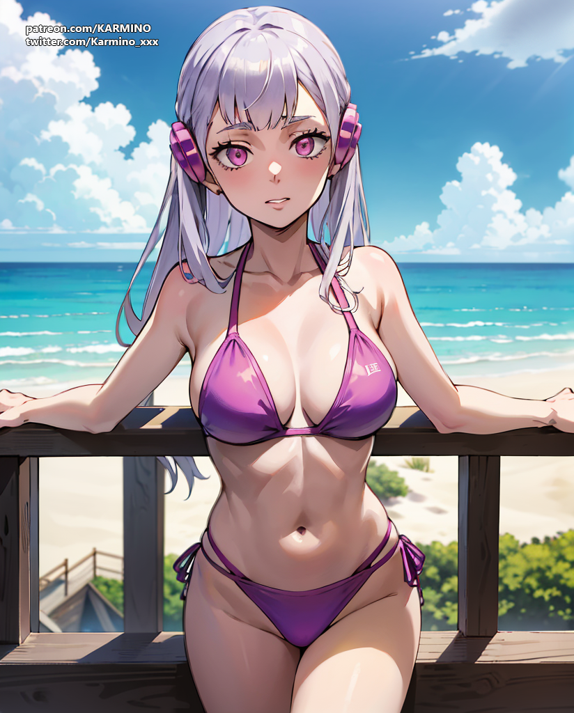 1girl ai_art ai_generated anime anime_style beach beach_background bikini black_clover female_only hentai light-skinned_female light_skin medium_ass medium_breasts noelle_silva ocean outside pink_eyes ponytail purple_bikini sexy_body silver_hair solo_female tanning