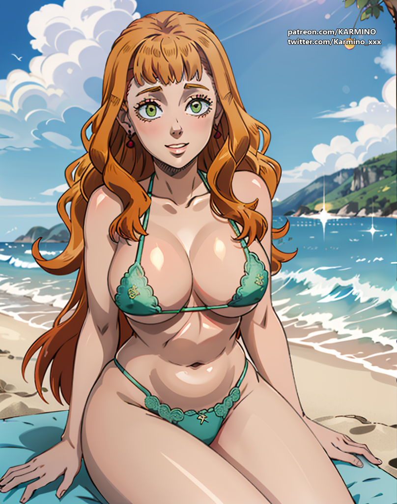 1girl ai_art ai_generated anime anime_style beach big_breasts bikini black_clover female_only green_eyes light-skinned_female light_skin long_hair mimosa_vermillion ocean orange_hair outside sexy_body solo_female