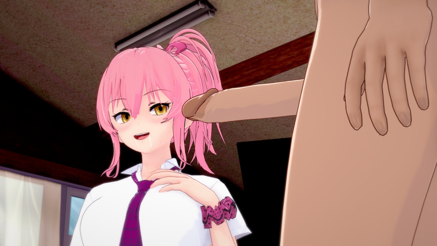 16:9 1boy 1boy1girl 1girl anime blush classroom clothed_female hentai idolmaster indoors jougasaki_mika light-skinned_female light_skin looking_at_penis looking_pleasured open_eyes open_mouth penis penis_tip pink_hair ponytail teen yellow_eyes