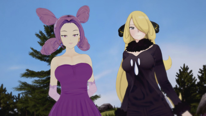 16:9 2_girls anime before_sex blonde blonde_hair closed_mouth clothed clothed_female cynthia_(pokemon) fantina_(pokemon) fully_clothed hentai light-skinned light-skinned_female light_skin looking_at_viewer open_eyes outside pokemon standing