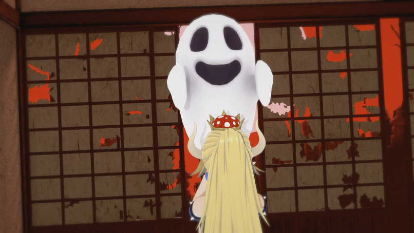 16:9 anime blonde blonde_hair boo_(mario) bowsette crown fellatio fellatio from_behind_angle funny ghost happy hentai horns indoors interspecies kneel light-skinned light-skinned_female light_skin long_hair red_sky room smile spiked_armlet sucking video_game video_game_character video_game_franchise video_games