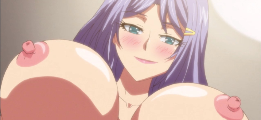 anime big_breasts blush hentai imminent_sex juvenile_pornography_the_animation looking_down mature_female mature_woman purple_hair seductive seductive_look seductive_smile uncensored