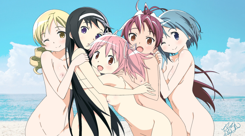 1girl 5girls :d :o ;) akemi_homura anime anime_screenshot beach black_hair blonde blonde_hair blue_eyes blue_hair blue_sky blush breasts brown_eyes cleft_of_venus closed_mouth cloud completely_nude drill_hair fang female_focus friends hair_ornament hairband hairclip happy hat headband high_res high_resolution homura_akemi hugging kaname_madoka kyouko_sakura leaning leaning_forward leaning_on_person long_hair looking_at_viewer madoka_kaname mahou_shoujo_madoka_magica mahou_shoujo_madoka_magica_movie mami_tomoe matching_hair_and_eye_color medium_breasts miki_sayaka multiple_girls naked naked_female navel nipples no_bra no_panties nude nude_female ocean one_eye_closed open_mouth orange_eyes outside pink_eyes pink_hair ponytail puella_magi_madoka_magica purple_eyes pussy red_eyes red_hair sakura_kyouko sand sayaka_miki screencap screenshot screenshot_edit short_hair short_twintails sky small_breasts smile smiley_face standing tied_hair tomoe_mami twin_drills twin_tails water watermark white_hair_ornament white_hairband wink yellow_eyes